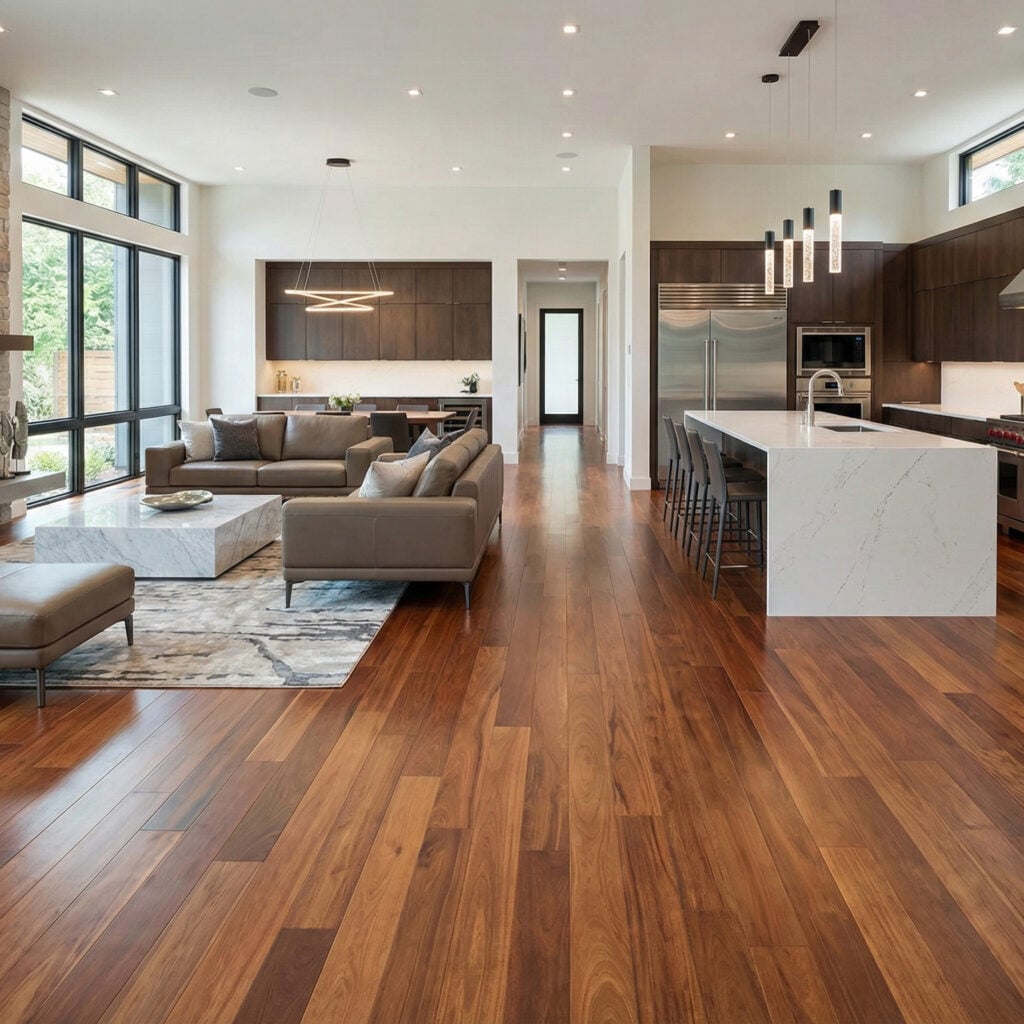Living room and kitchen with Cumaru flooring in a home