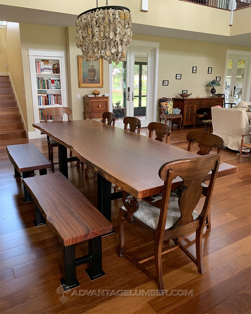 Cumaru wood slab made into a dining table and benches