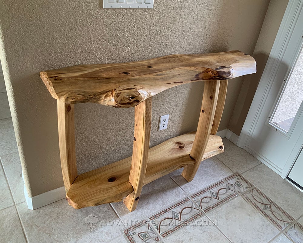 cypress wood slab used as an entry way console table