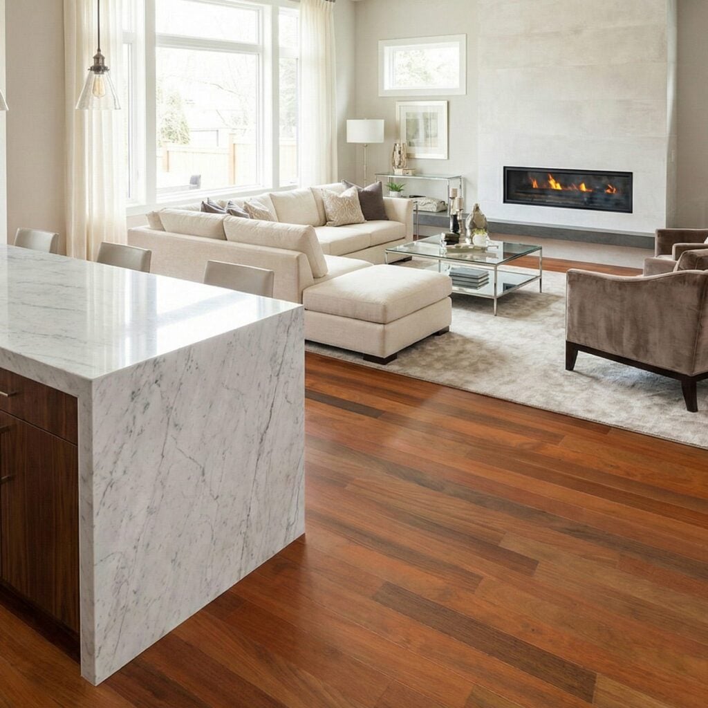 Modern living room with ipe flooring