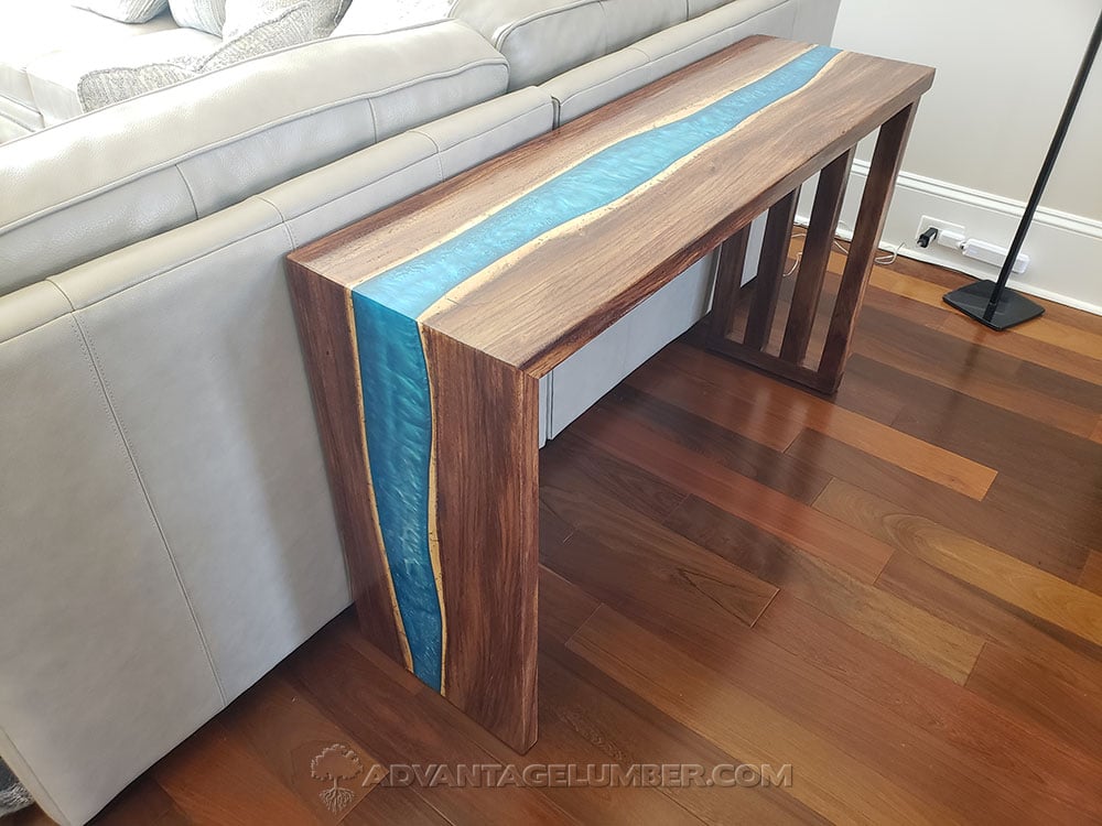 wood slab river side table with blue epoxy
