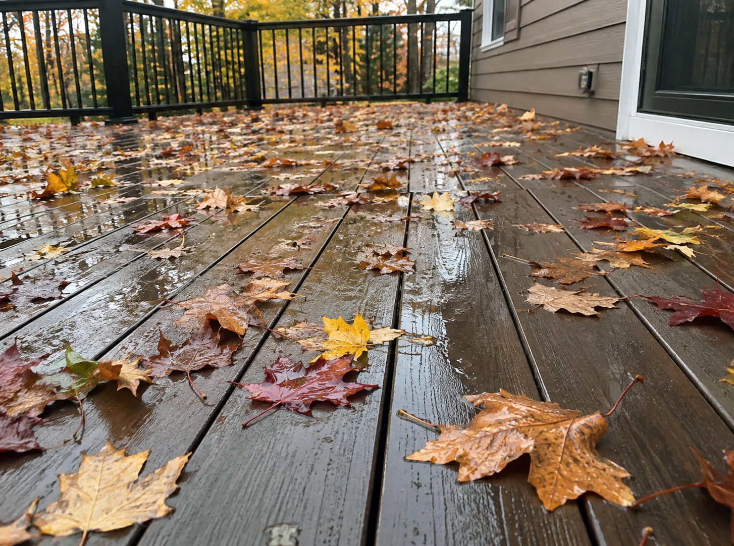 fall deck wet leaves